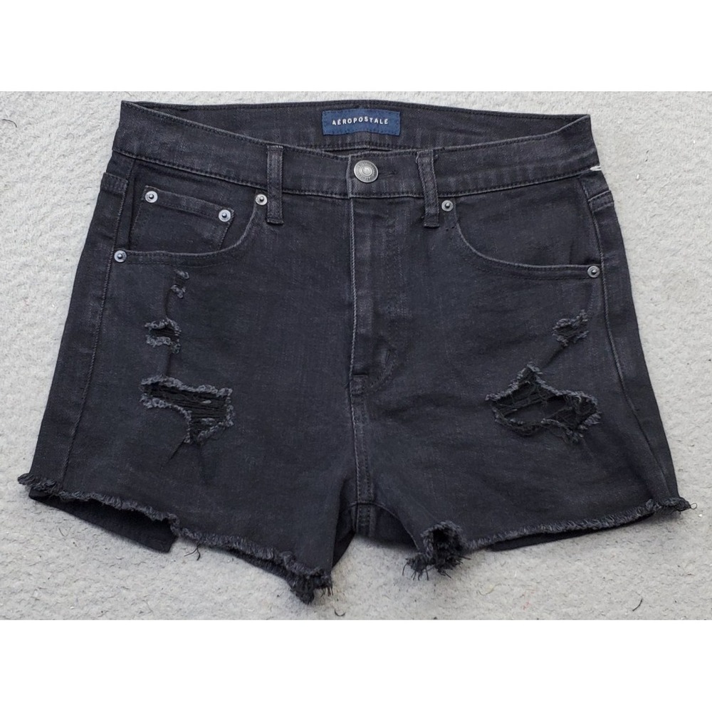 Aéropostale Cut-Off Cheeky Shorts Womens 6 Black Denim Distressed Frayed Hem